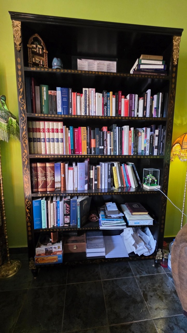 The Classical Education Library bookcase in the Vallico Academy living room
